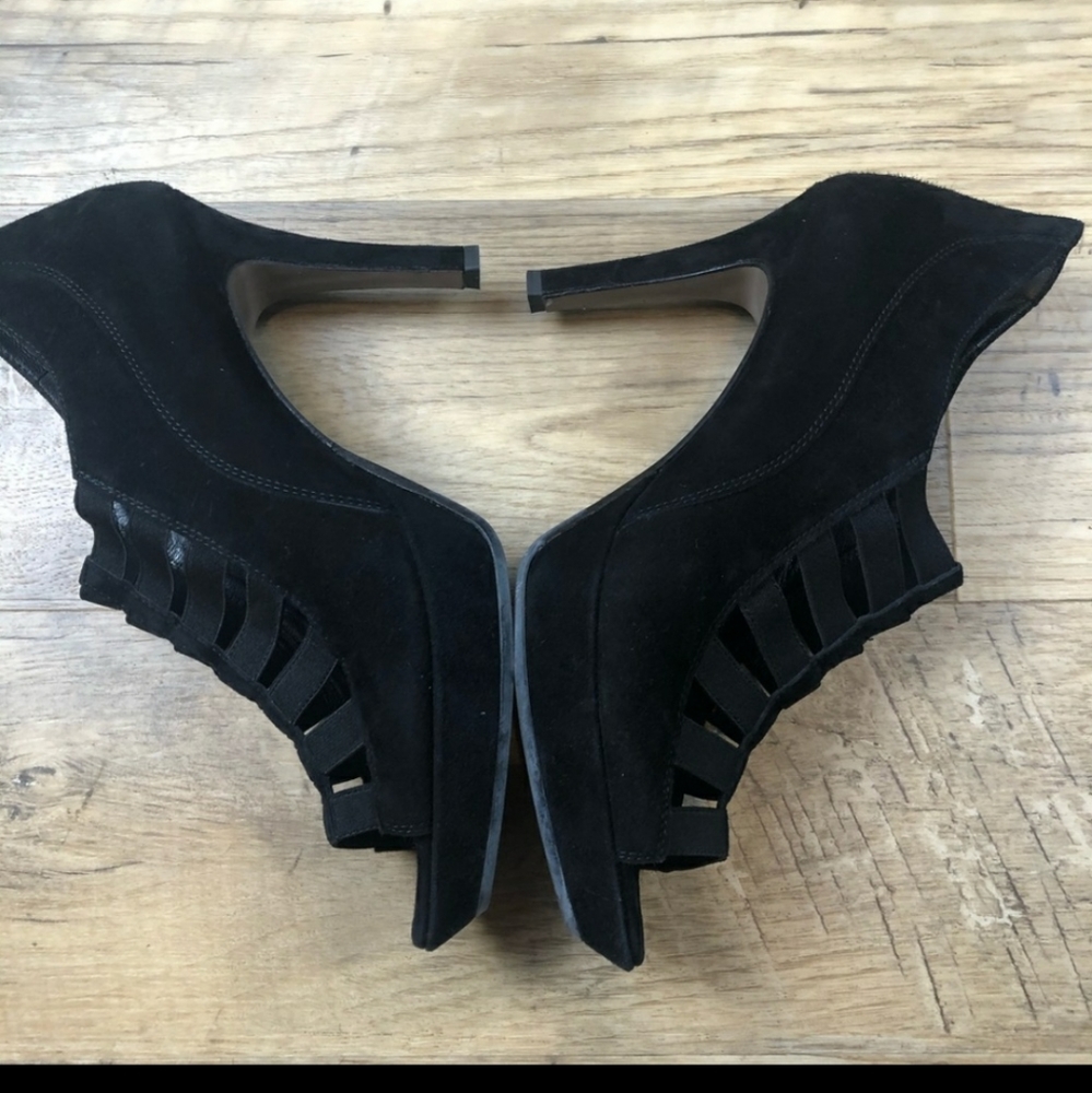 Paul Green Black Suede Peep Toe Heels - Picture 2 of 7